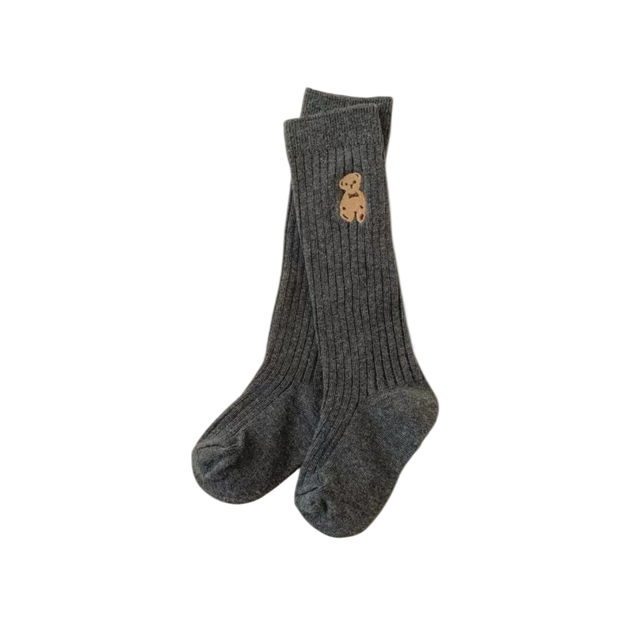 Pair of gray socks with a brand logo on a light gray background