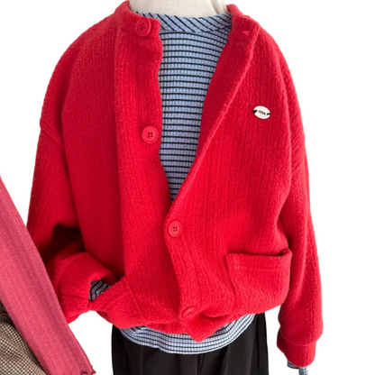 Red knit cardigan