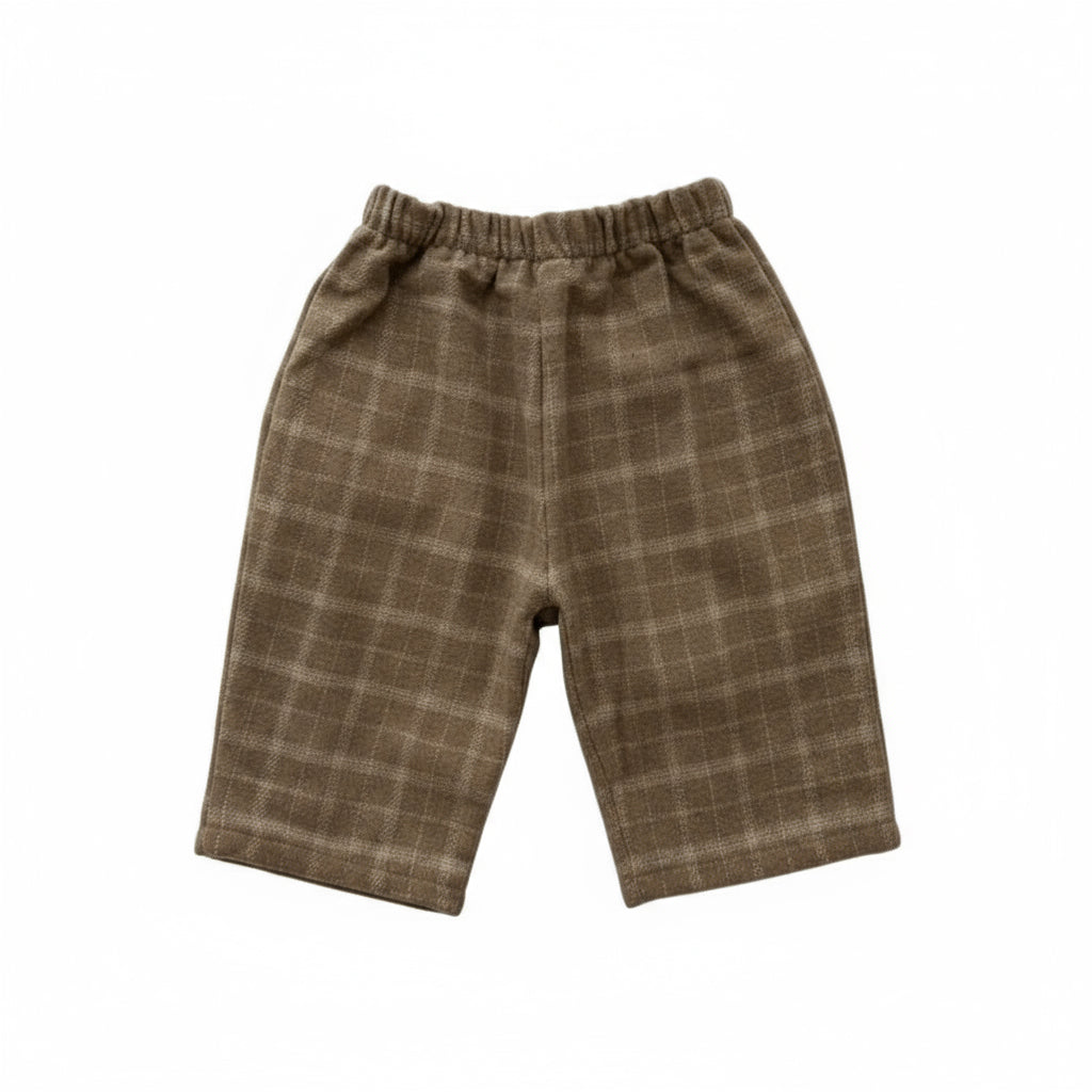 Two pairs of plaid pants on a light background with 'mimi-market' branding.