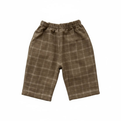 Two pairs of plaid pants on a light background with 'mimi-market' branding.