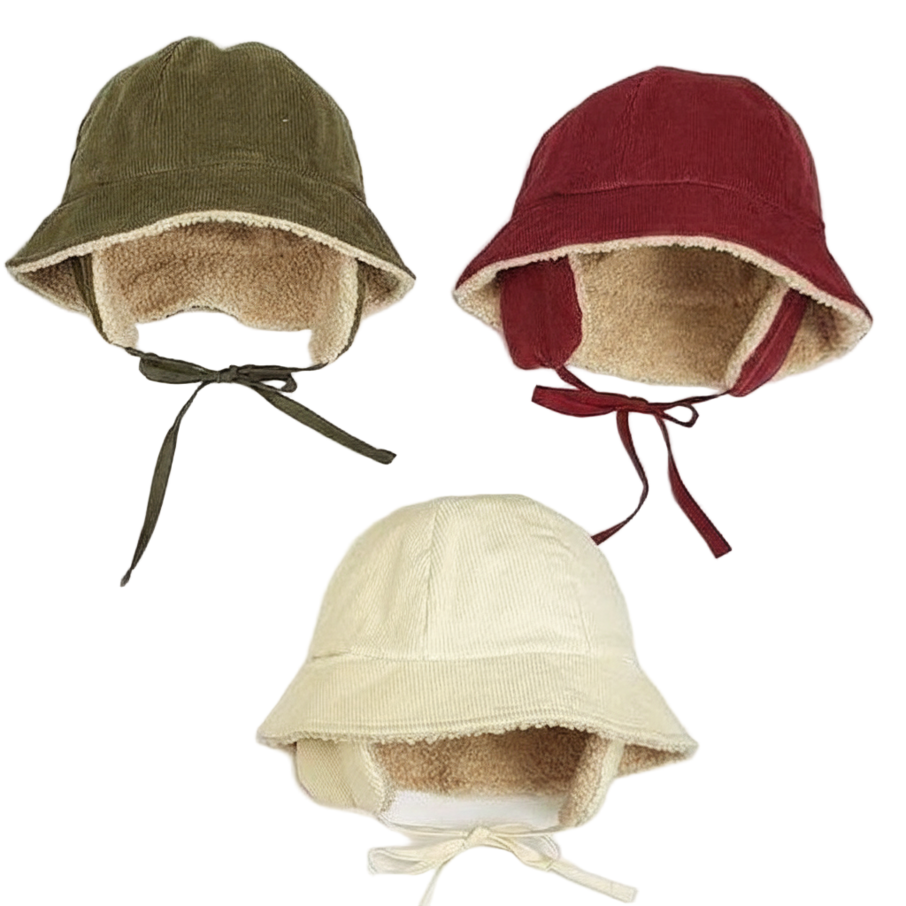 Four baby bonnets in different colors on a white background